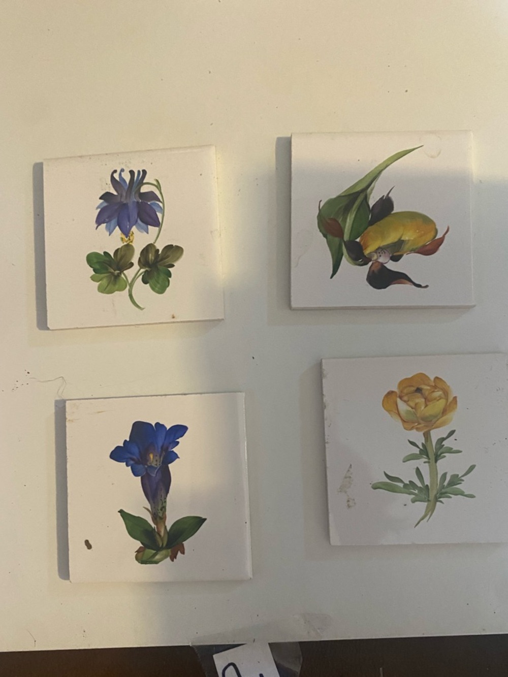 Set of 4 Floral Ceramic Tiles or coasters Blue & Yellow Flowers small porcelain
